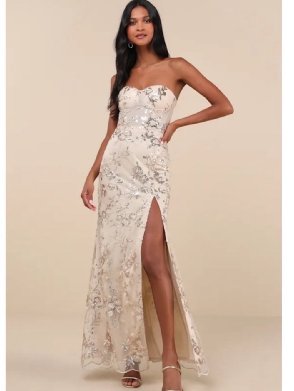 New Lulus Strapless Champagne Gold Sequin Gown with Side Slit Sz XL